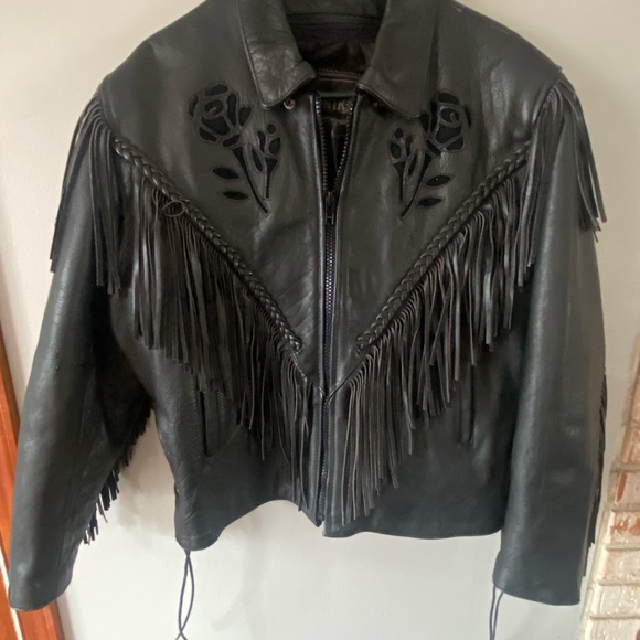 Unik Black Leather Jacket with Fringe and rose Design women’s size XXL - Picture 11 of 16